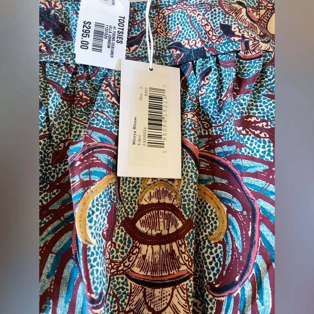 NWT Ulla Johnson Slate blue/grey red Mireya peplum cotton blouse